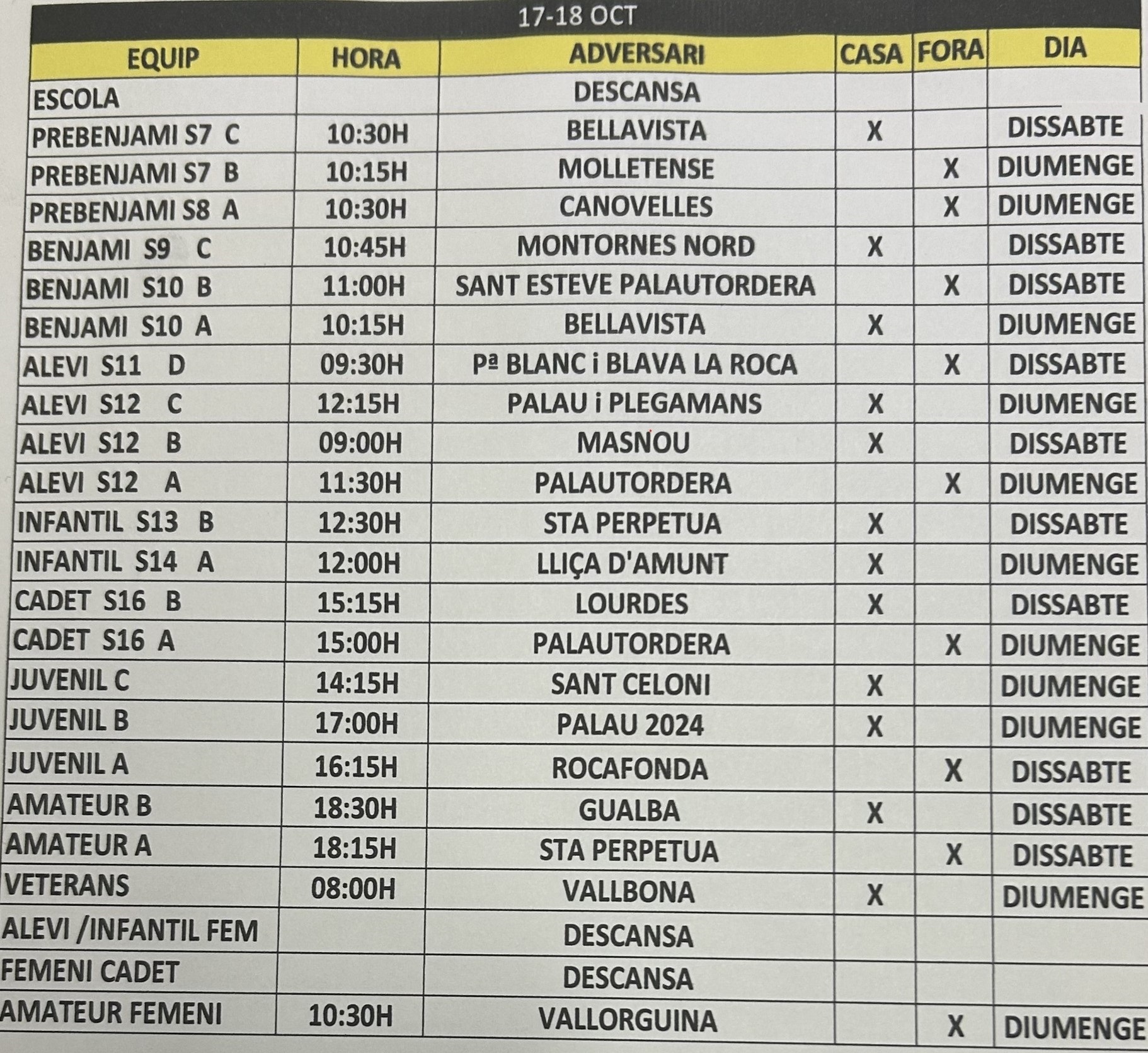 Horaris 17-18 octubre 2026